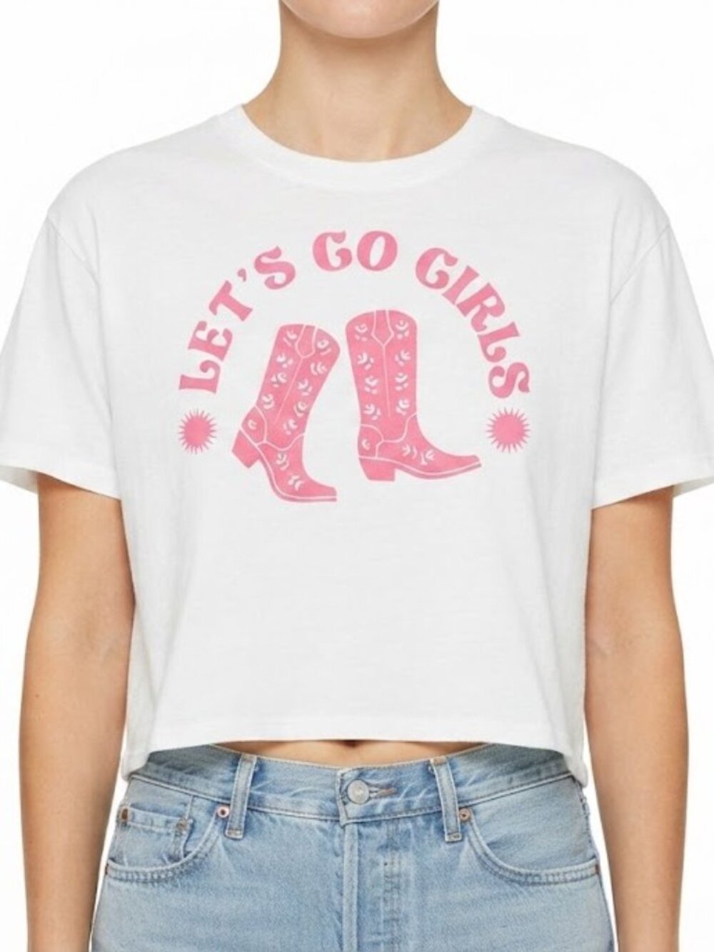 White Crop Tee with Pink 'Let's Go Girls' Boots